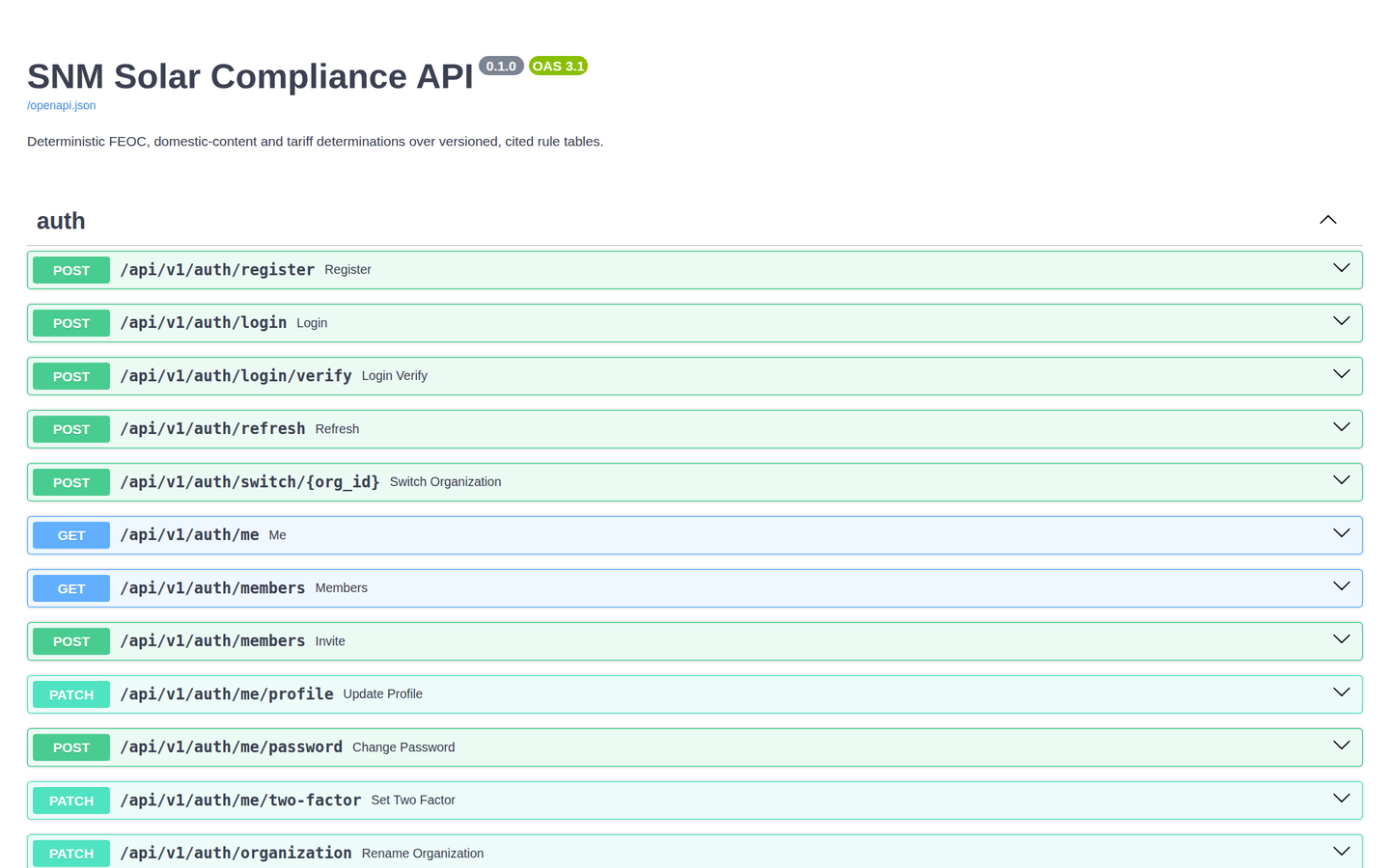The platform's OpenAPI documentation listing the authentication endpoints of the SNM Solar Compliance API